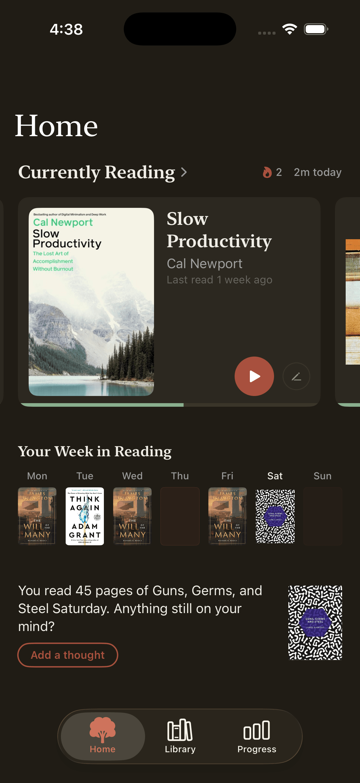 The Nous home screen in dark mode