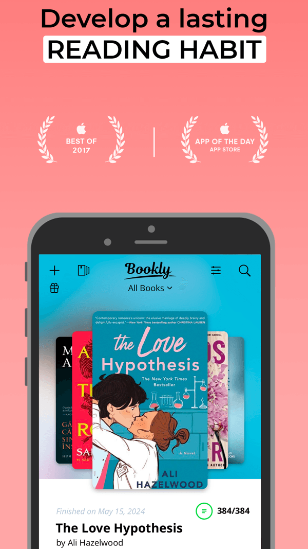 Bookly app library screen with book covers and reading progress