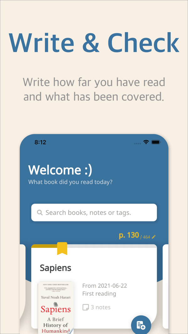 Bookmory progress logging screen for recording pages read and notes