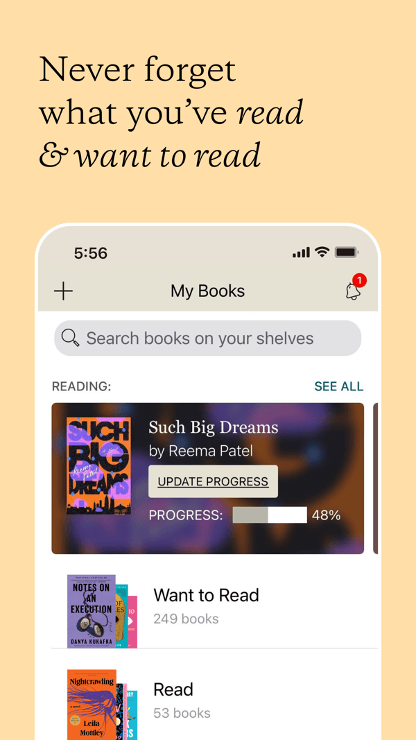 Goodreads app My Books screen showing currently-reading progress and shelves