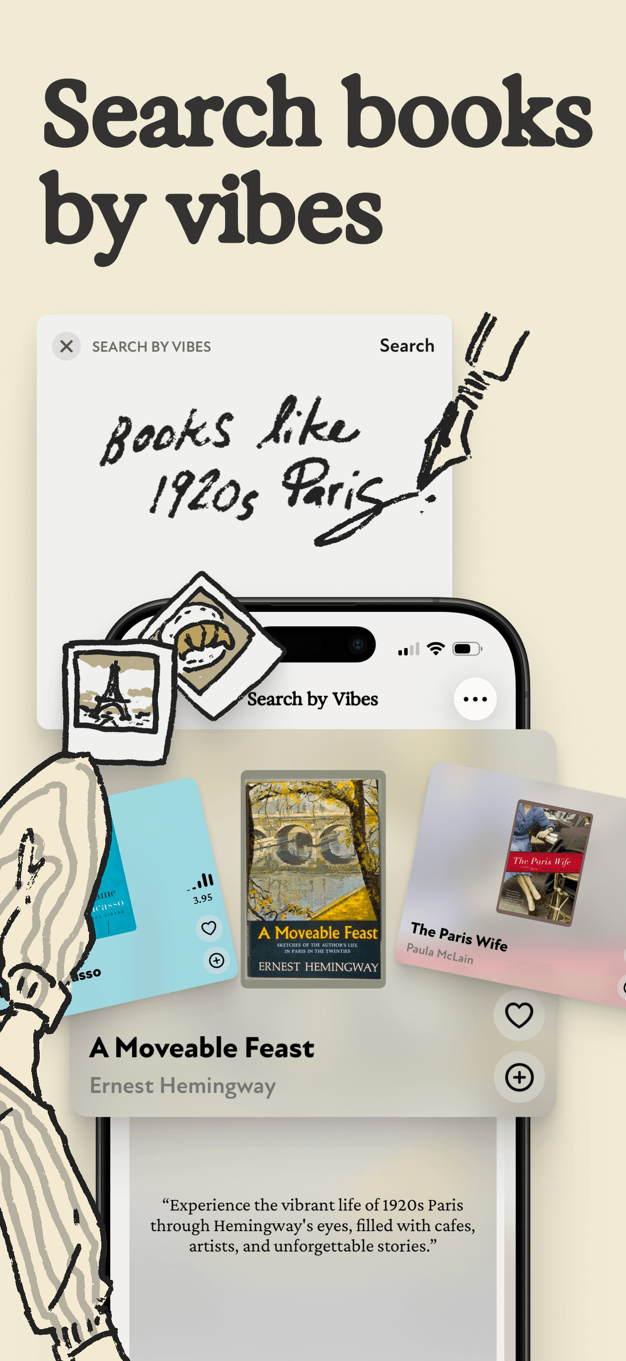Margins app search-by-vibes screen finding books that feel like 1920s Paris