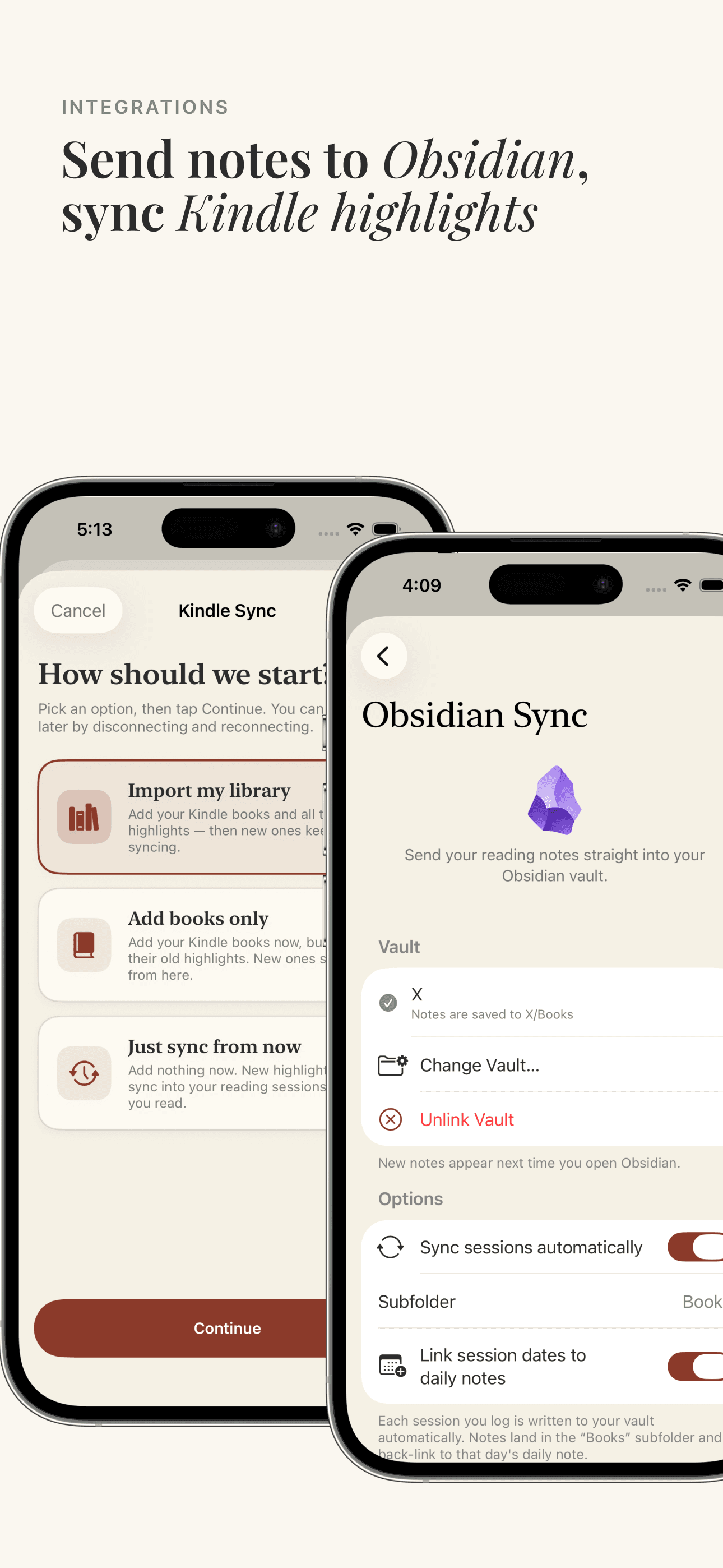 Nous integrations — sending notes to an Obsidian vault and syncing Kindle highlights