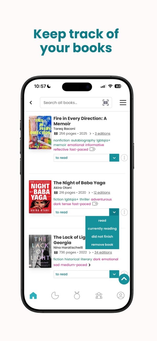StoryGraph app book list with mood tags and reading statuses